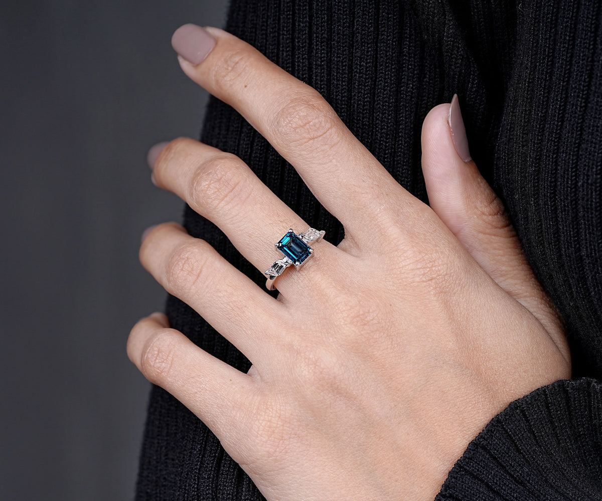 Three Stone Fancy Blue Emerald Shape Lab Diamond Engagement Ring