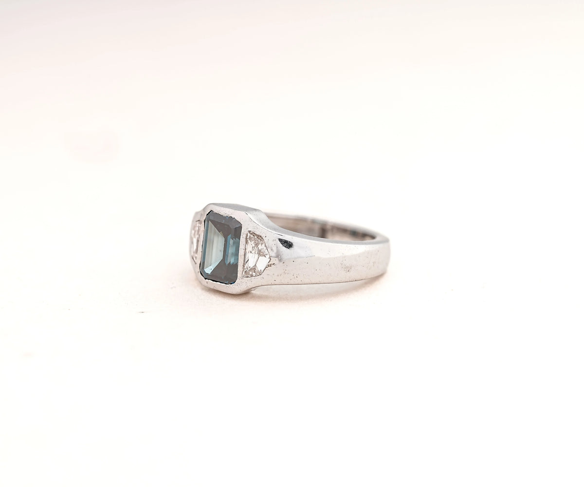 Three Stone Chunky Fancy Blue Emerald Shape Lab Diamond Anniversary Ring