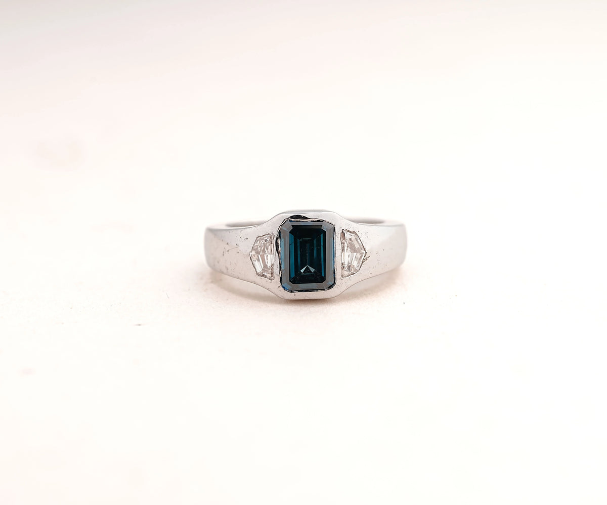 Three Stone Chunky Fancy Blue Emerald Shape Lab Diamond Anniversary Ring