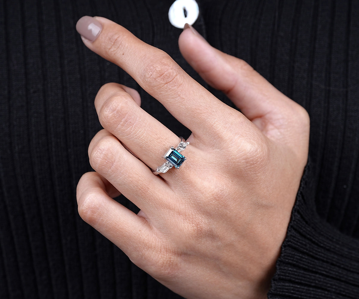 Three Stone Fancy Blue Emerald Shape Lab Diamond Engagement Ring
