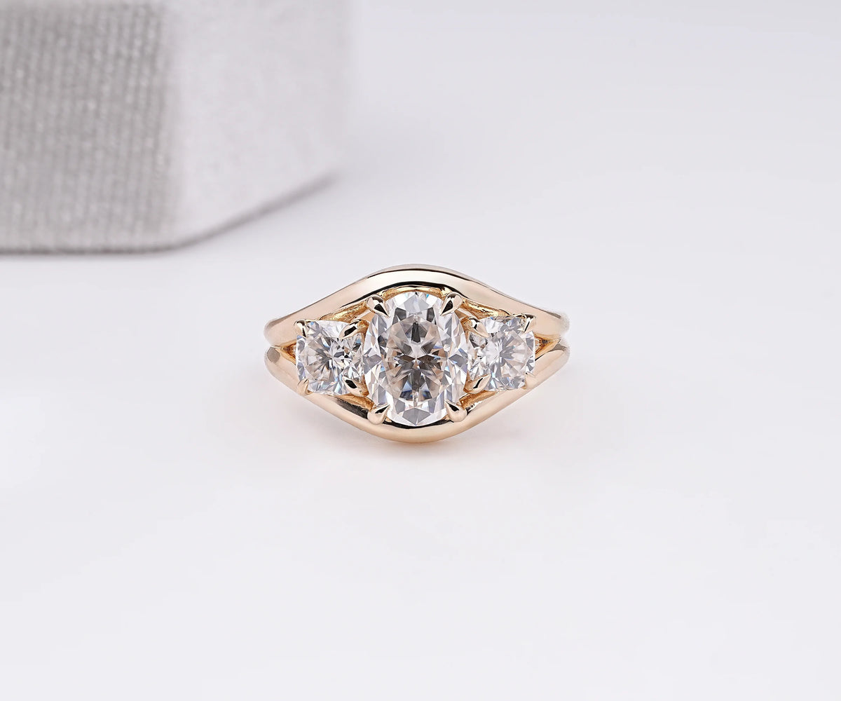 Three Stone Split Shank Oval Shape Lab Diamond Engagement Ring