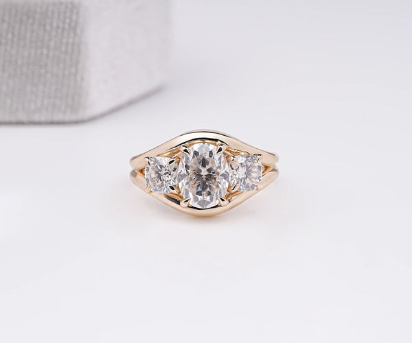 Three Stone Split Shank Oval Shape Lab Diamond Engagement Ring