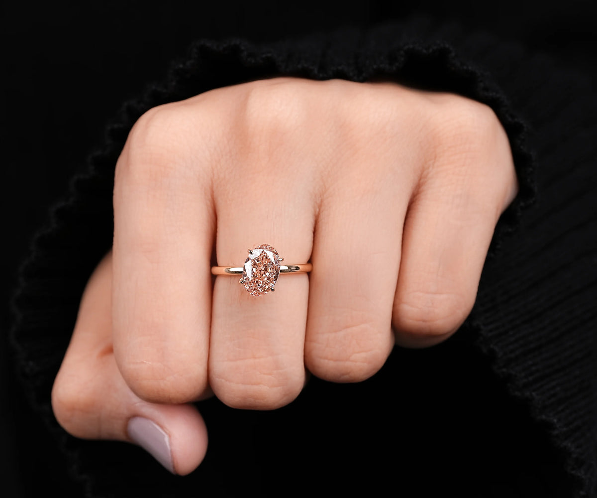 Solitaire Hidden Halo Tilted Fancy Pink Oval Shape Lab Diamond Engagement Ring