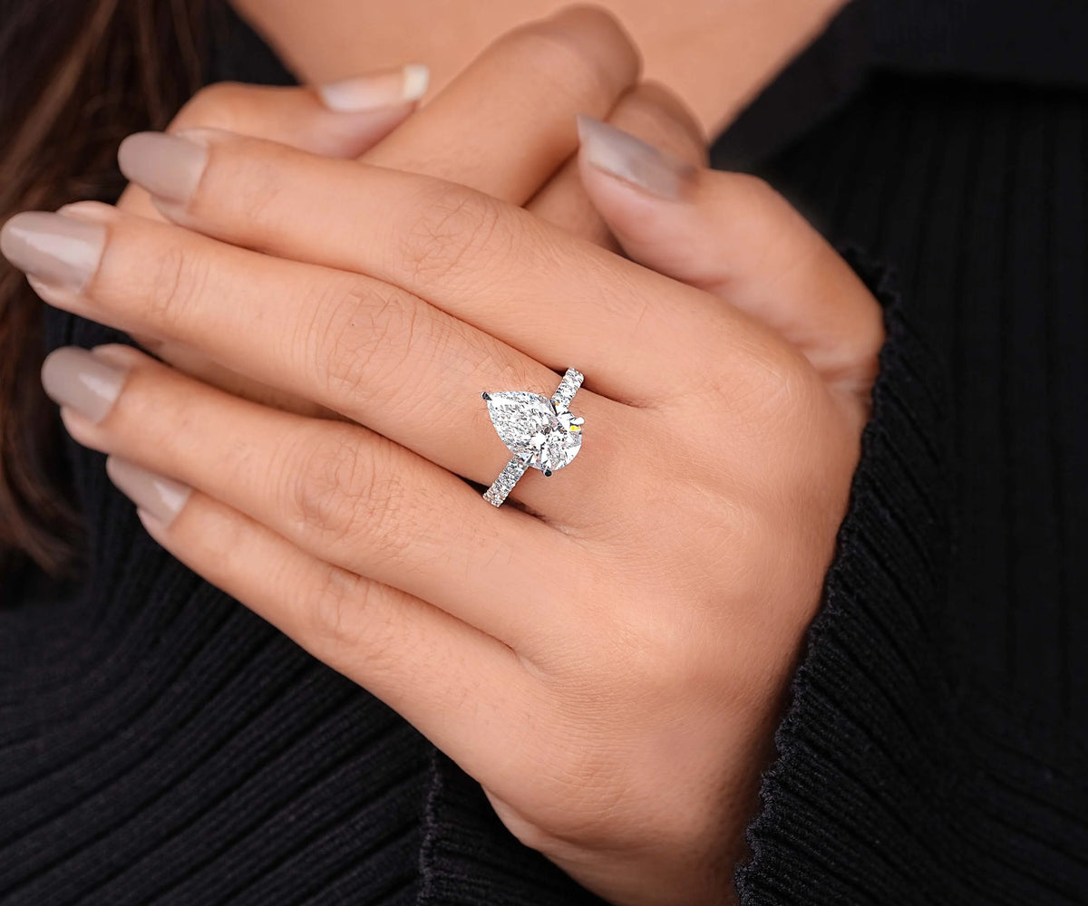 Hidden Halo Solitaire Accent Pear Shape Lab Diamond Engagement Ring