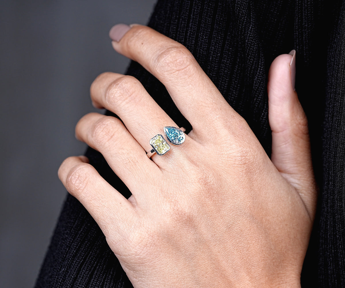 Toi Et Moi Fancy Blue Pear and Yellow Radiant Shape Lab Diamond Engagement Ring