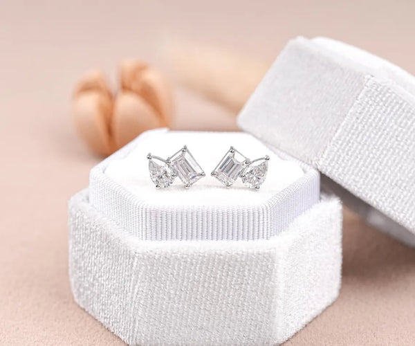 Toi et Moi Emerald Pear Shape Lab Grown Diamond Stud Earrings