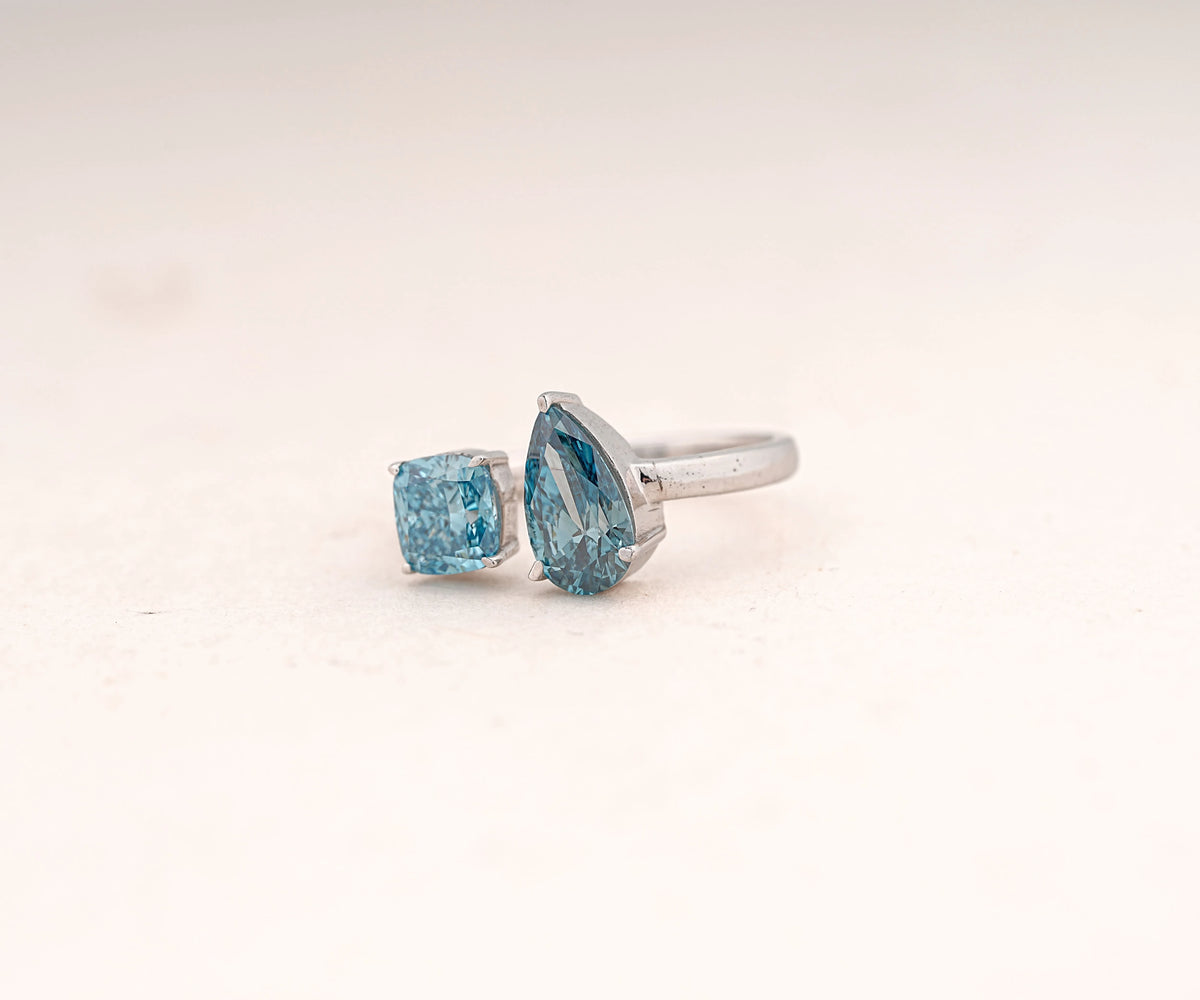 Toi Et Moi Fancy Blue Pear and Cushion Shape Lab Diamond Engagement Ring