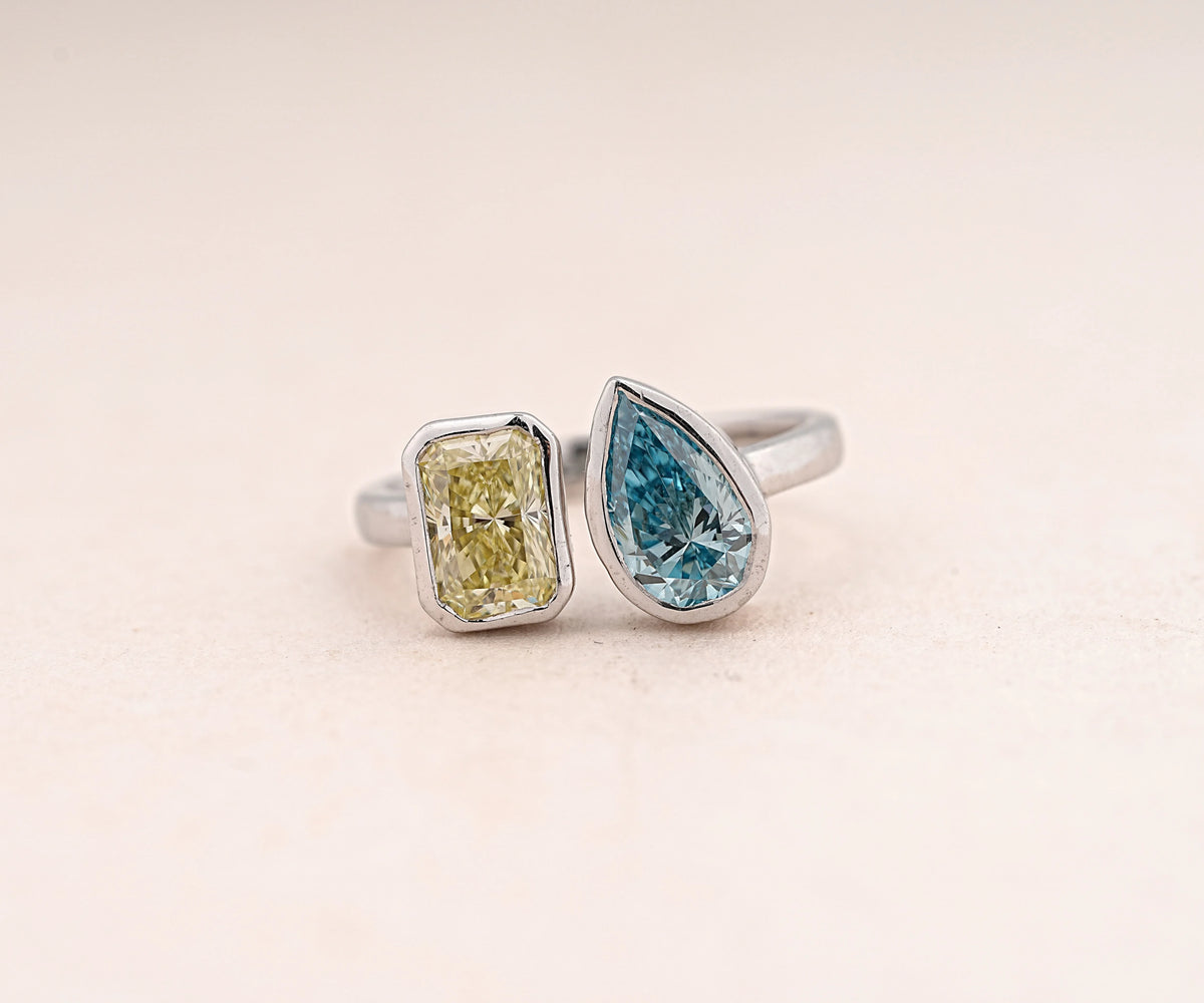 Toi Et Moi Fancy Blue Pear and Yellow Radiant Shape Lab Diamond Engagement Ring