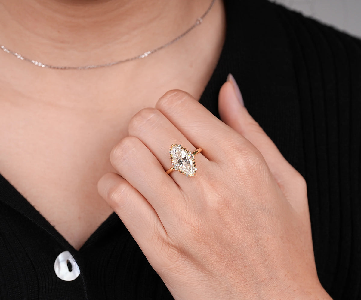 Solitaire Tulip Basket Marquise Shape Lab Diamond Engagement Ring