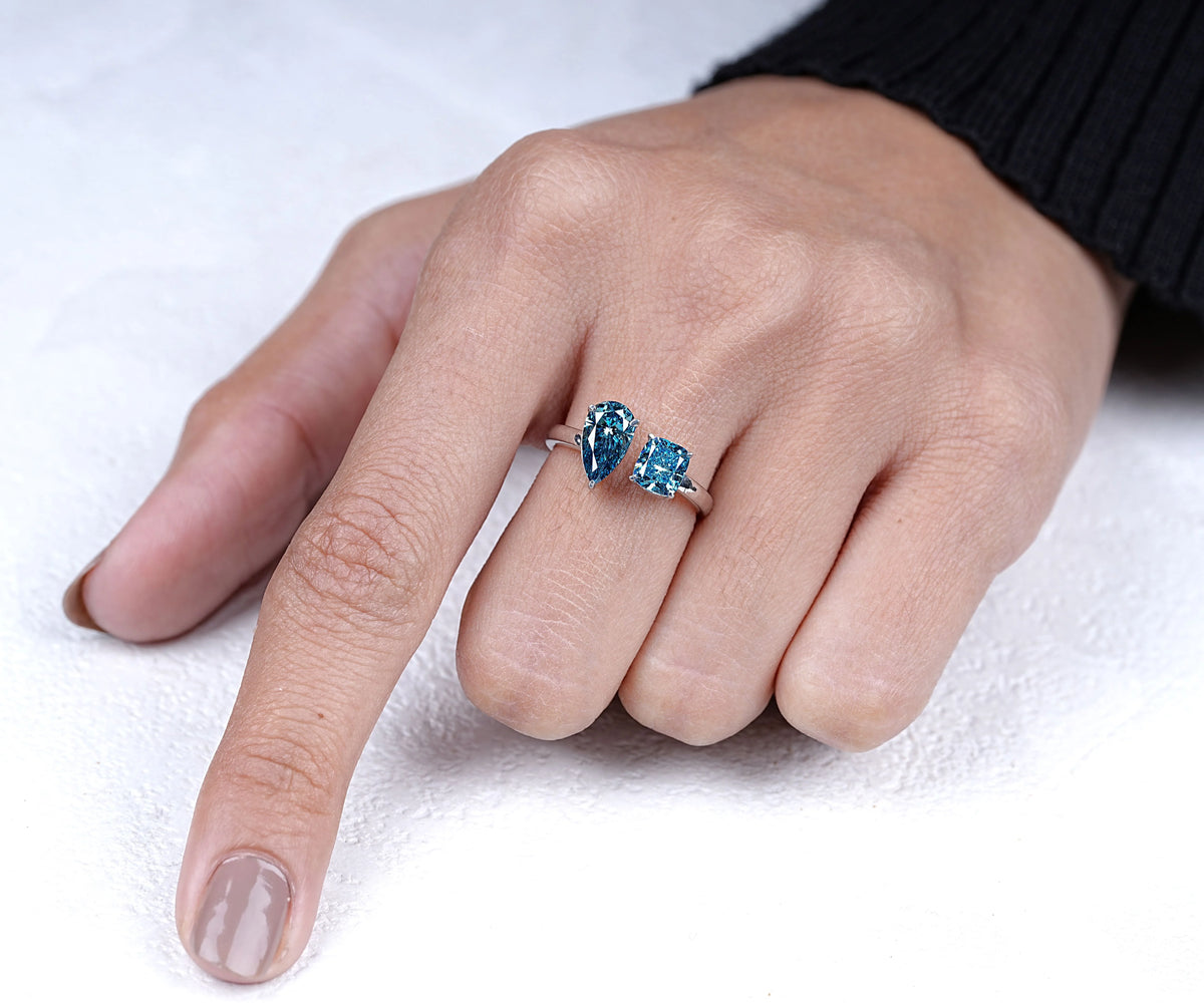 Toi Et Moi Fancy Blue Pear and Cushion Shape Lab Diamond Engagement Ring