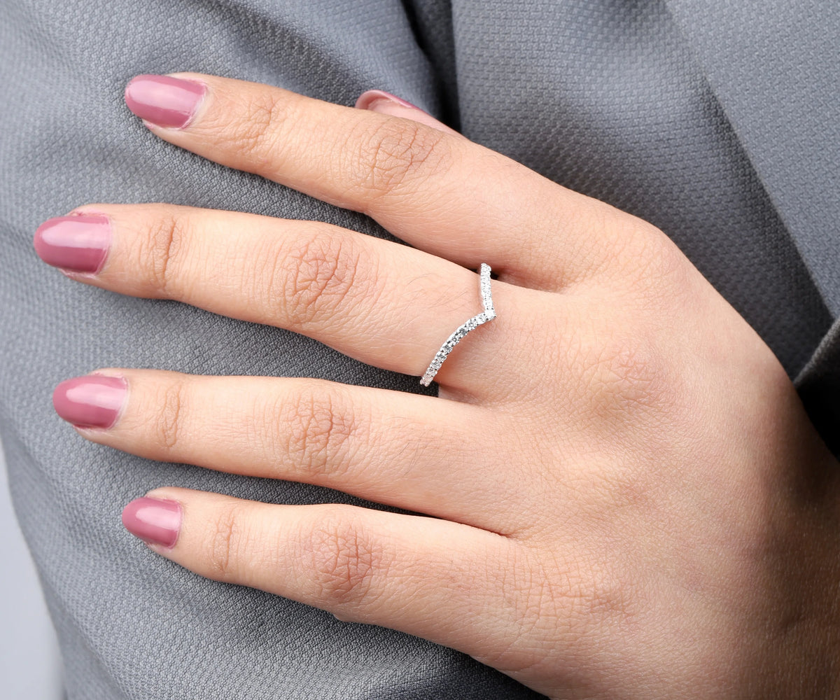 Chevron V-Shape Pavé Round Gemstone Wedding Band