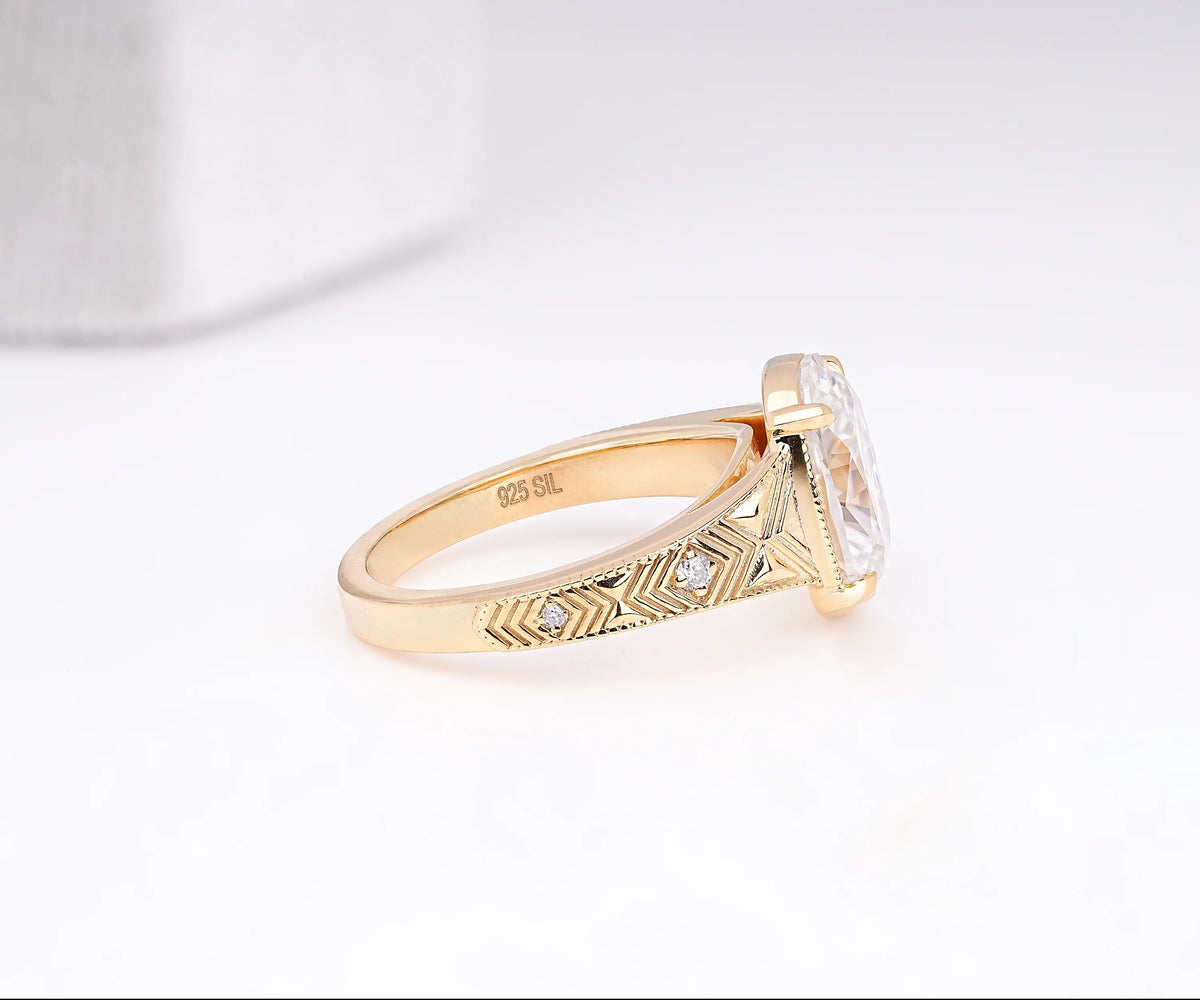 Art Deco Milgrain Elongated Cushion Shape Lab Diamond Engagement Ring
