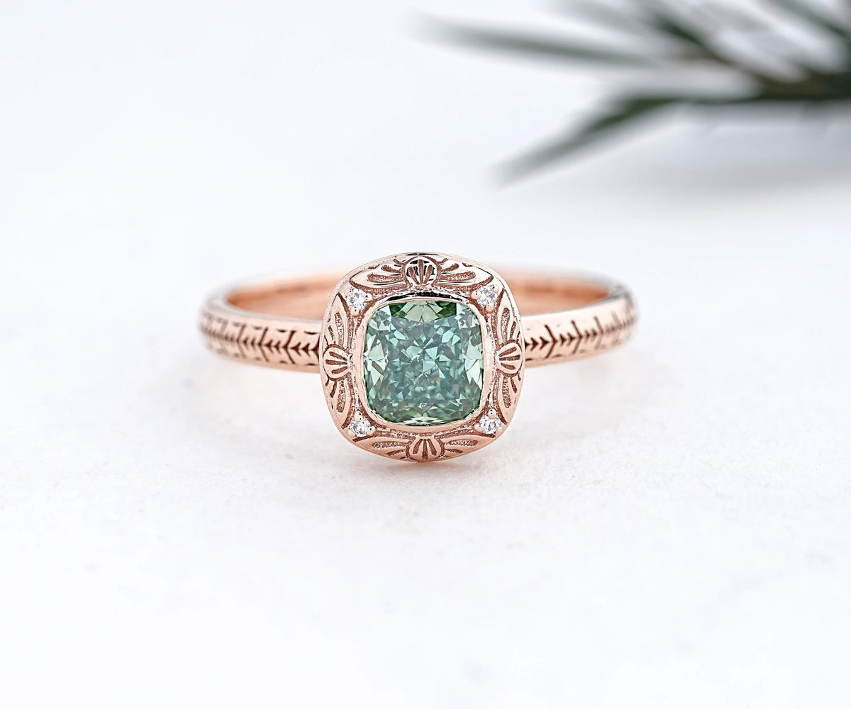 Vintage Floral Bezel Fancy Green Cushion Shape Lab Diamond Anniversary Ring