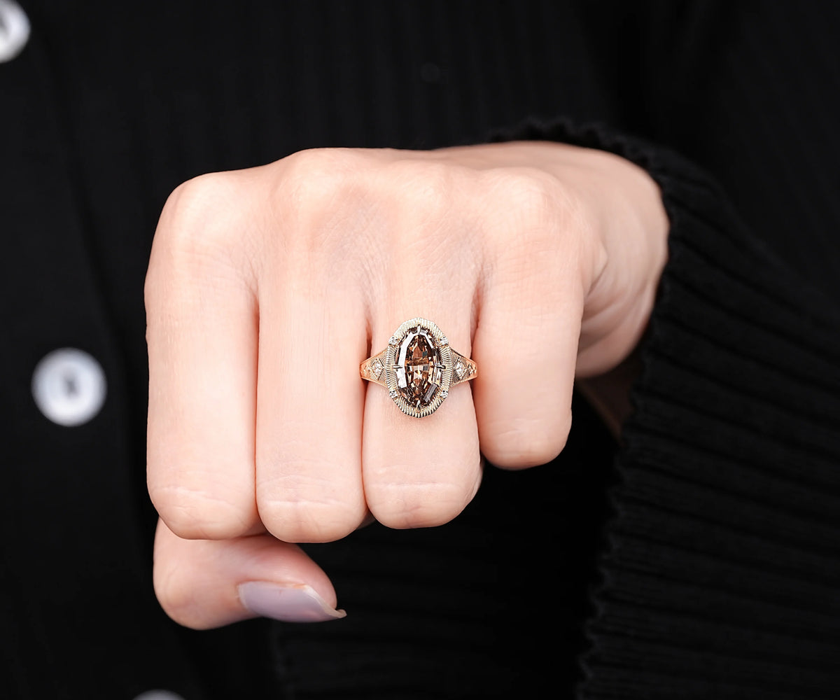 Art Deco Milgrain Fancy Brown Oval Shape Lab Diamond Engagement Ring