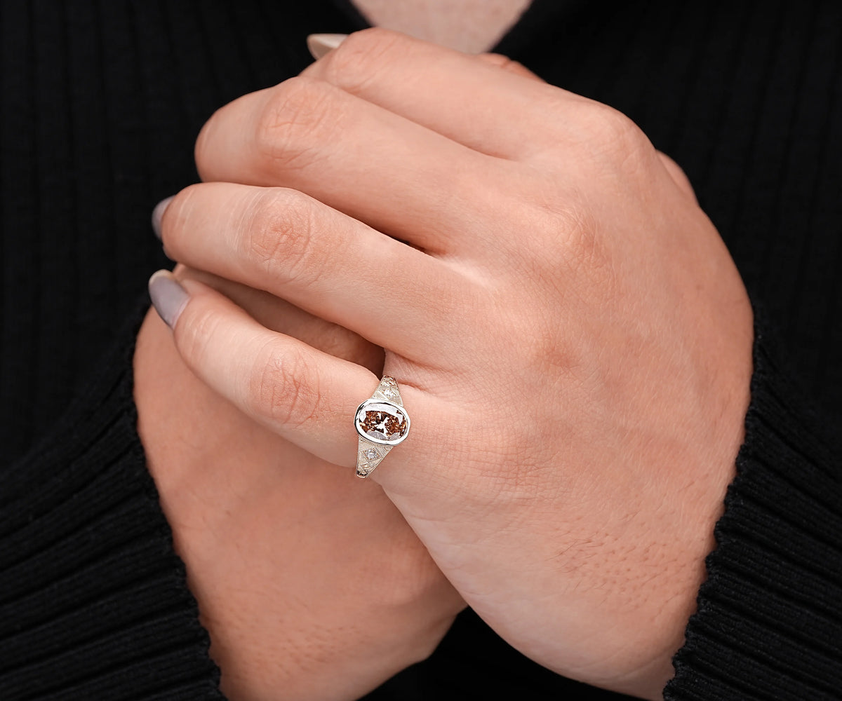 Art Deco Vintage Engraved Bezel Fancy Brown Oval Cut Lab Diamond Engagement Ring
