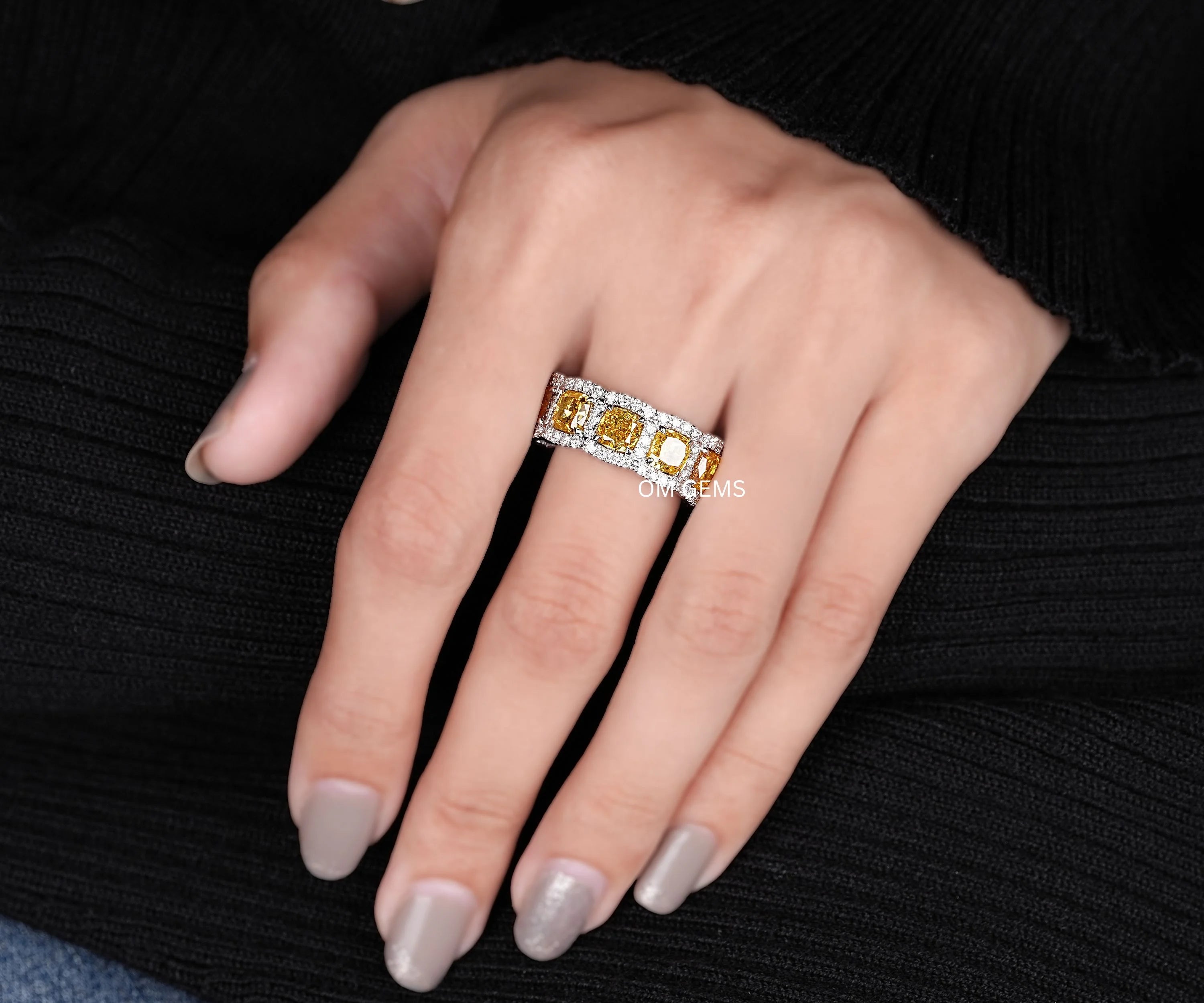 Yellow Cushion Cut Halo Eternity Vintage Band