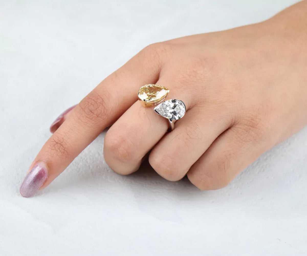 Toi Et Moi Fancy Yellow and White Pear Shape Lab Diamond Engagement Ring