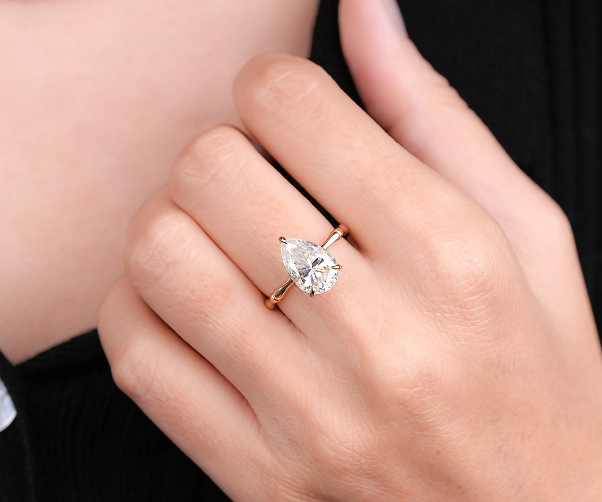 Solitaire Bamboo Twig Hidden Halo Pear Shape Lab Diamond Engagement Ring