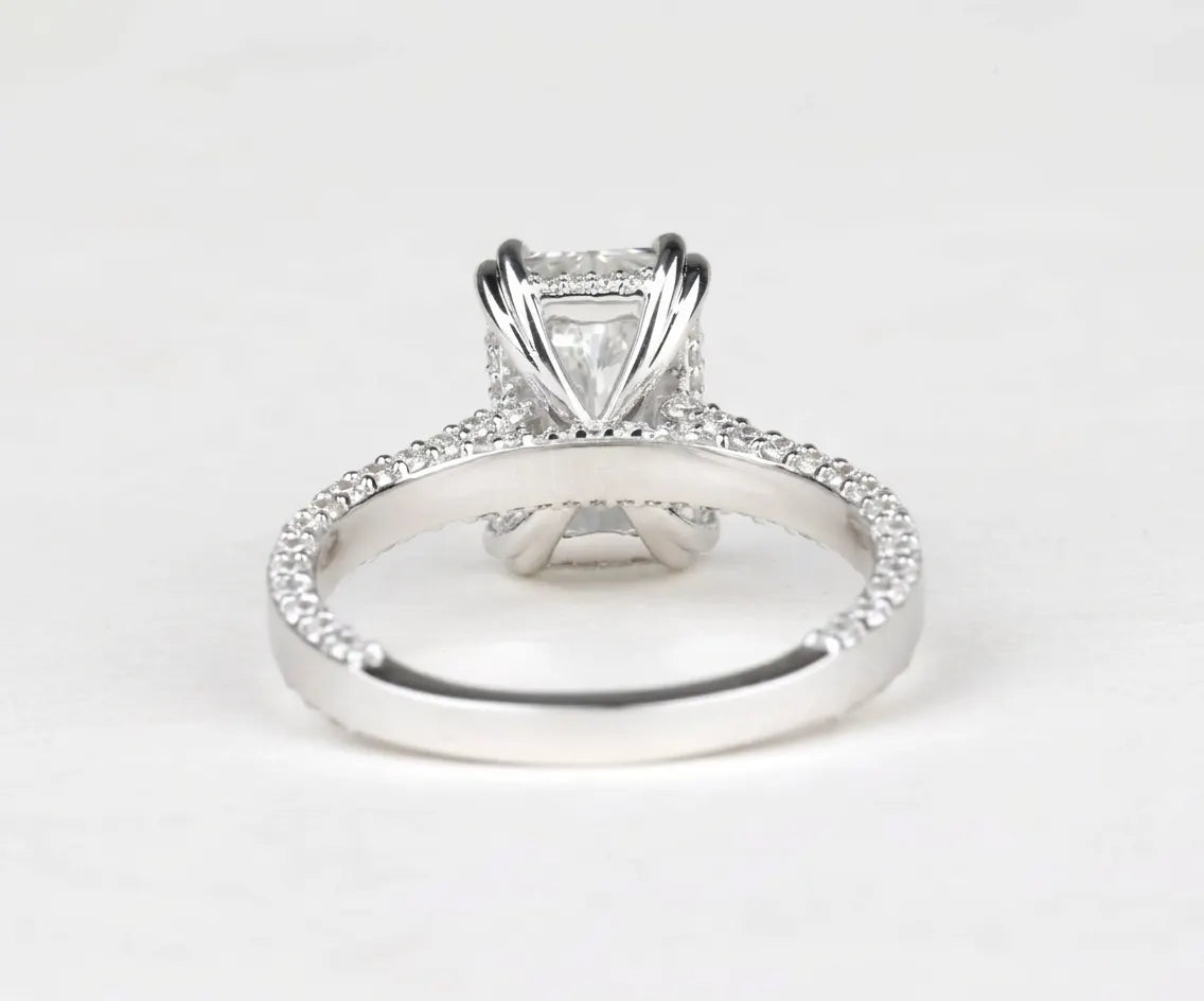 Cathedral set lab grown radiant diamond ring with halo