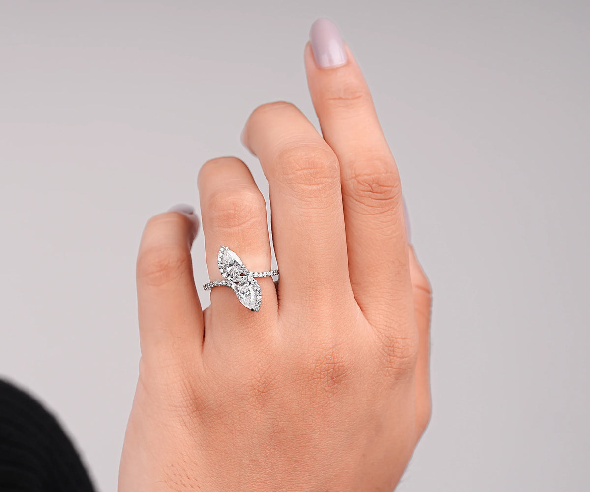 Two Stone Swirl Bypass Pear Shape Lab Diamond Engagement Ring