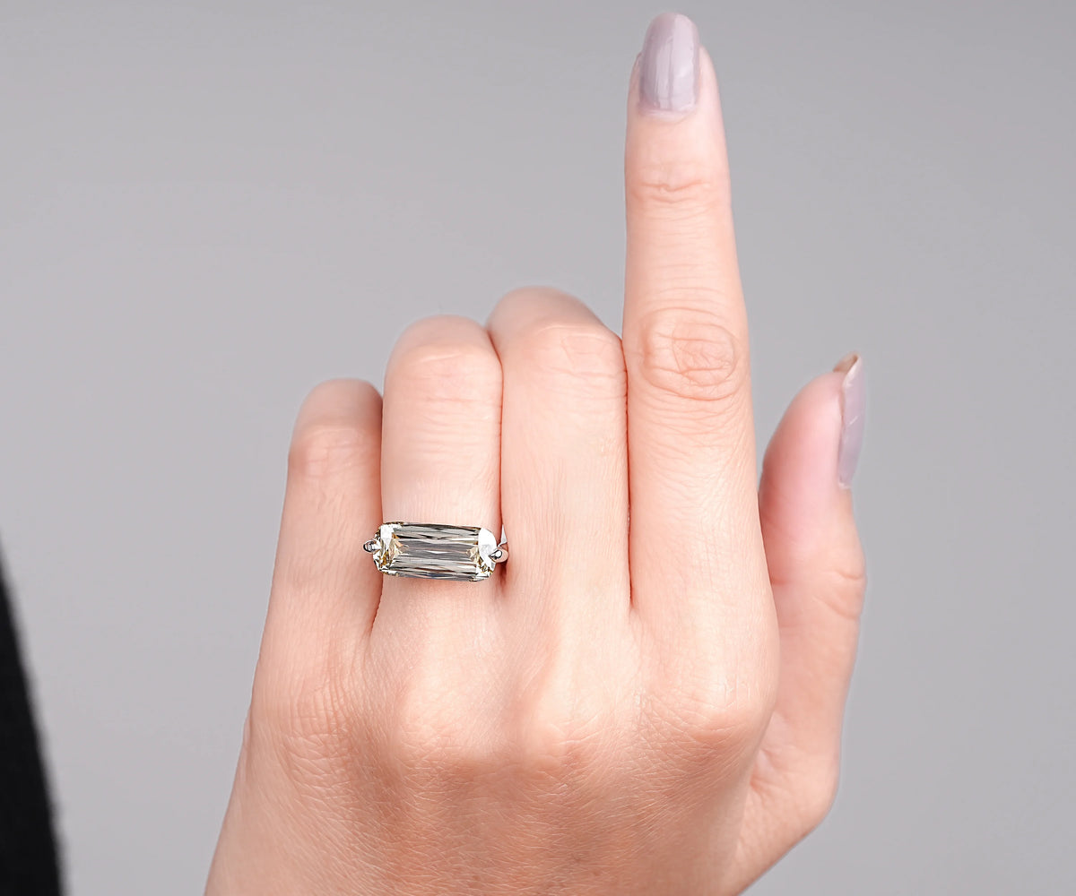 Solitaire East-West Criss Cut Fancy Yellow Elongated Cushion Shape Lab Diamond Engagement Ring