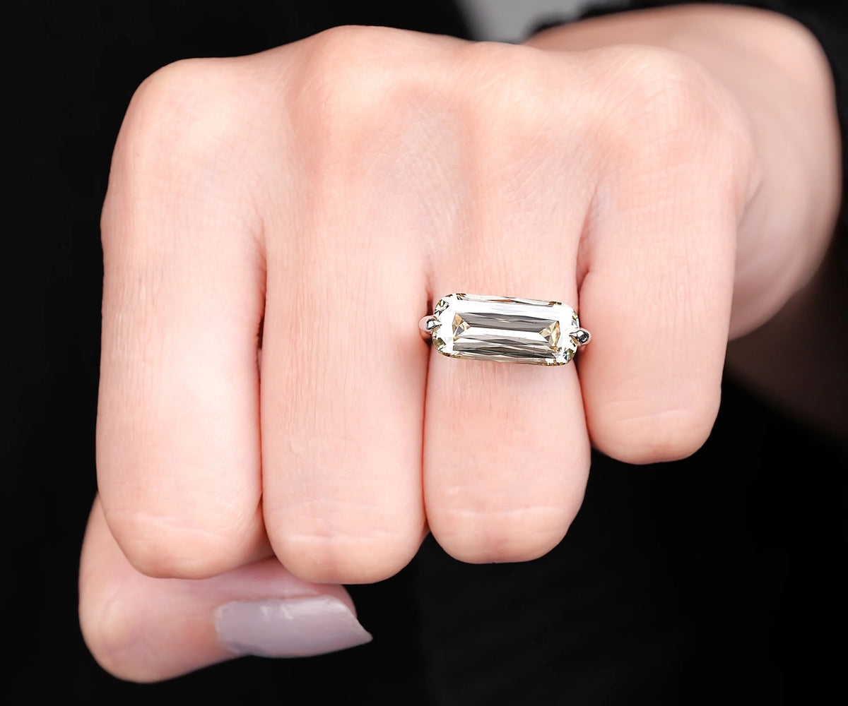 Solitaire East-West Criss Cut Fancy Yellow Elongated Cushion Shape Lab Diamond Engagement Ring