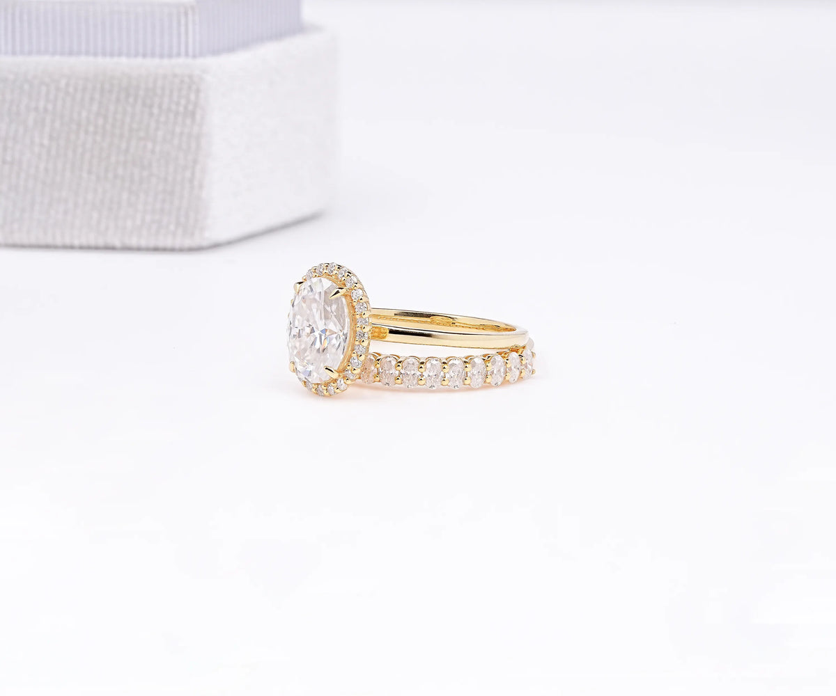 Halo oval lab grown diamond bridal set engagement ring