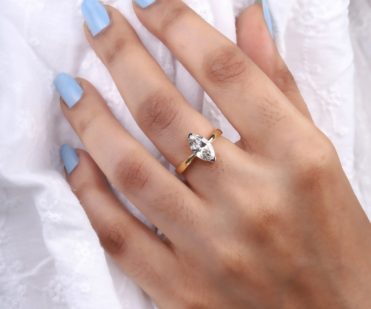 Lab diamond marquise cut solitaire bridal ring