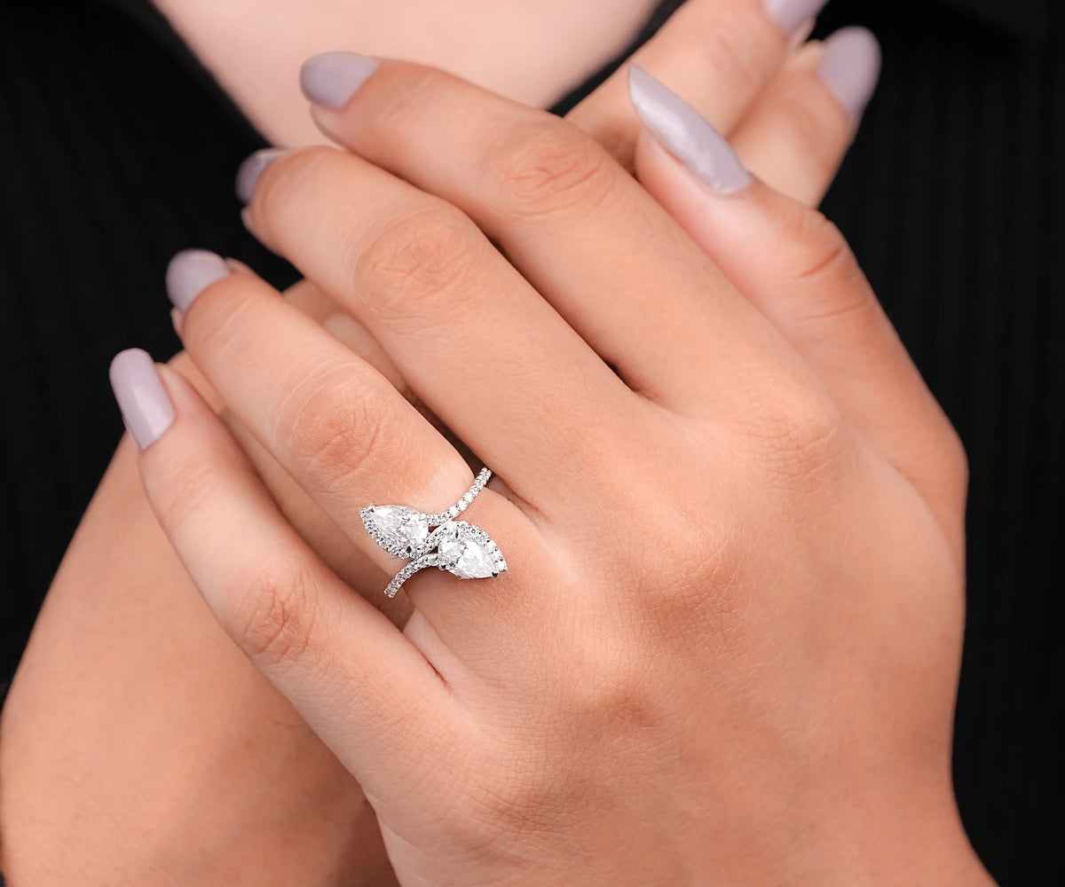 Two Stone Swirl Bypass Pear Shape Lab Diamond Engagement Ring