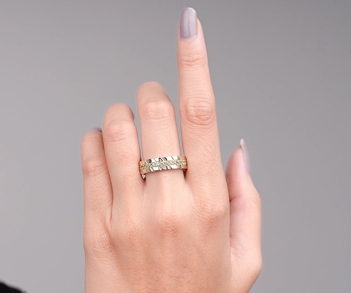 Men’s Diagonal Grooved Wide Round Shape Green Lab Diamond and Moissanite Wedding Band