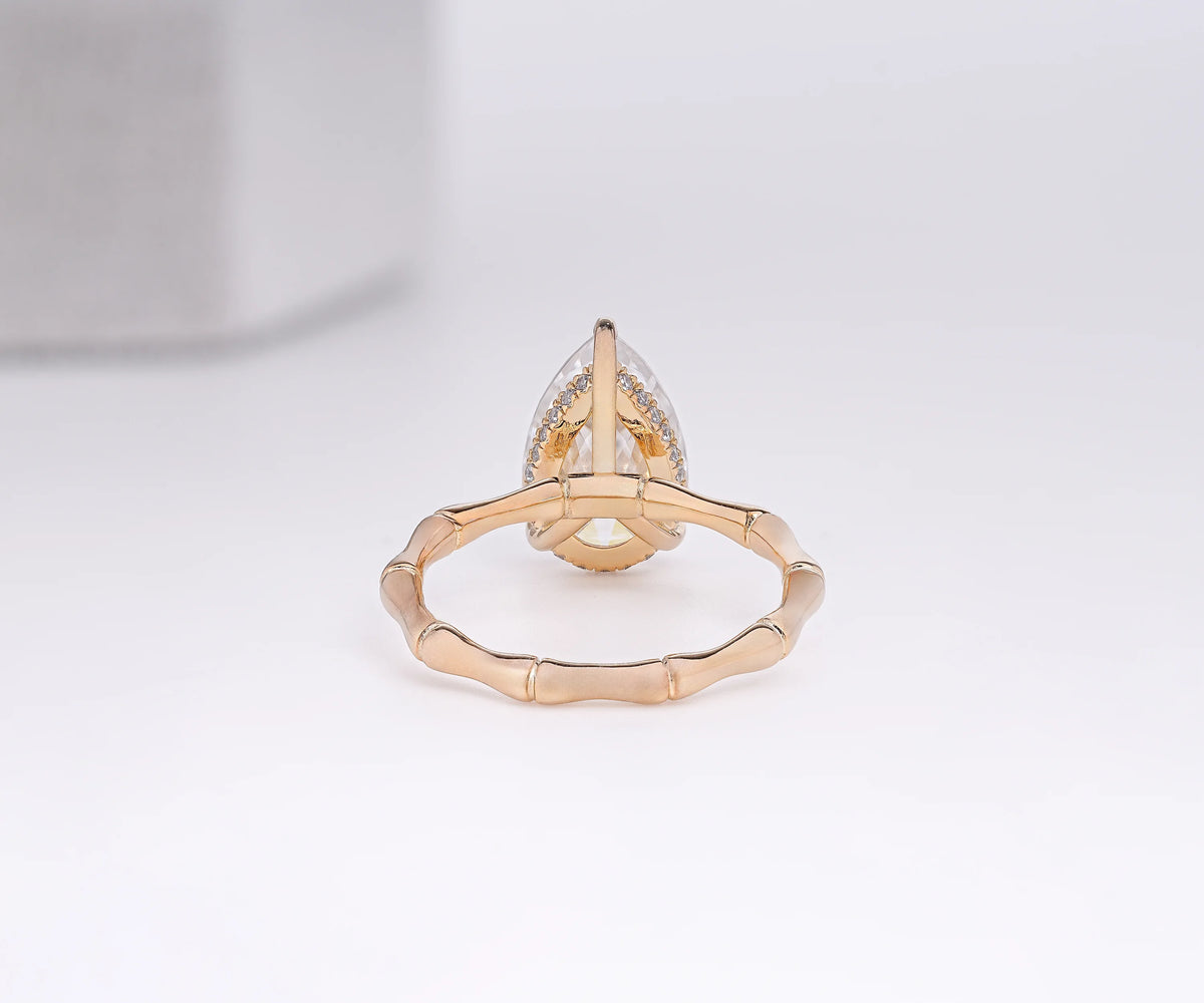 Solitaire Bamboo Twig Hidden Halo Pear Shape Lab Diamond Engagement Ring