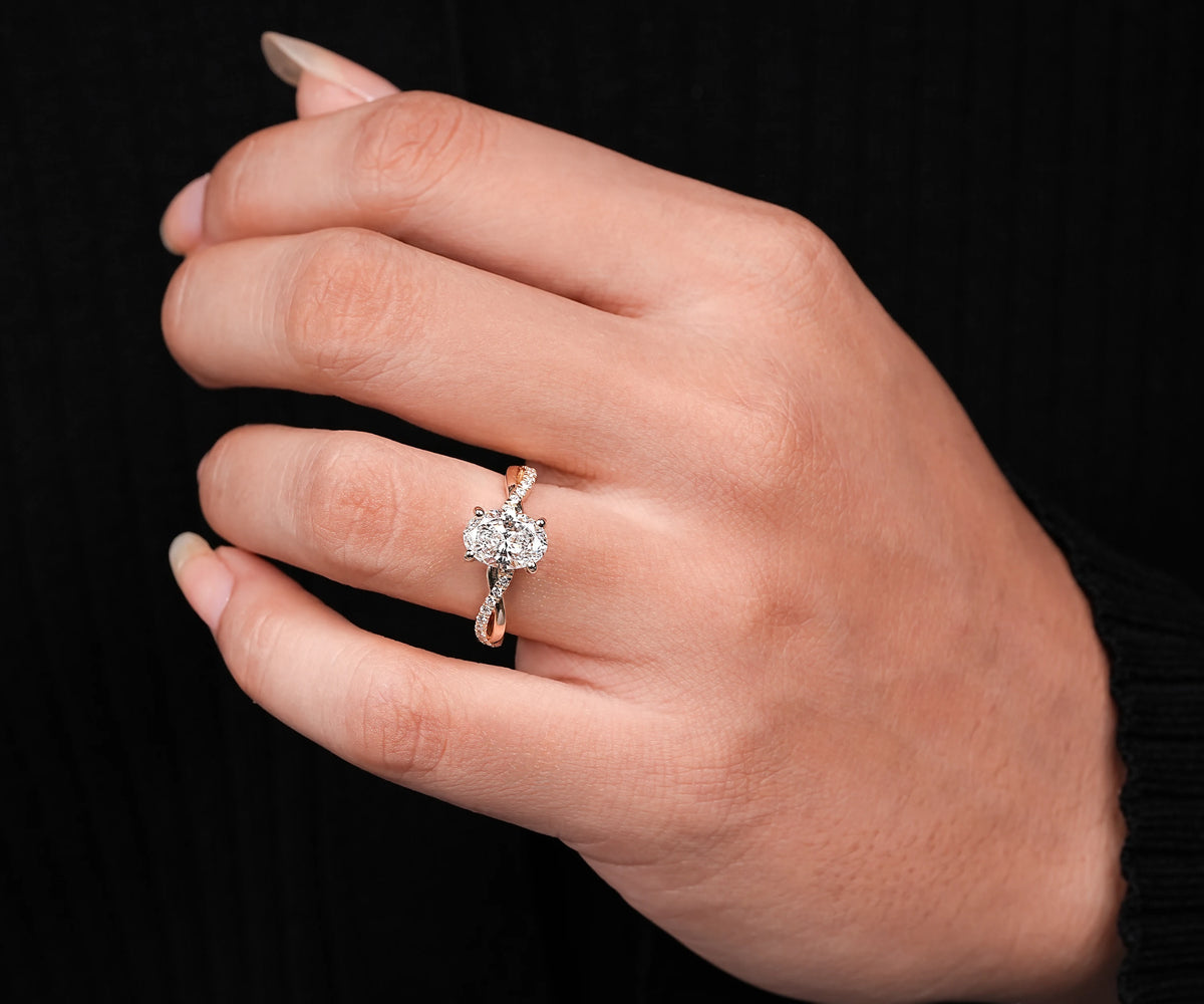 Oval lab diamond curved band ring with hidden halo