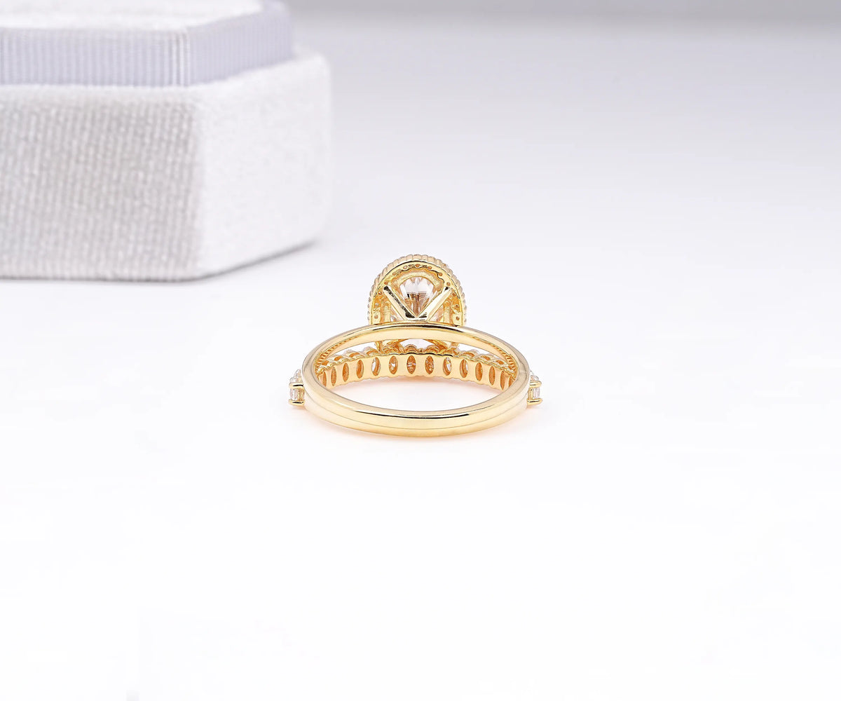 Oval lab grown diamond halo engagement ring set