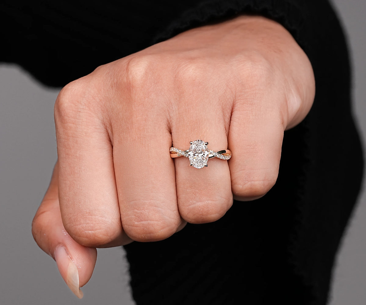 Oval lab grown diamond twisted band hidden halo ring
