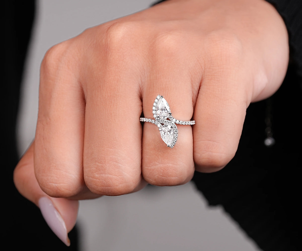 Two Stone Swirl Bypass Pear Shape Lab Diamond Engagement Ring