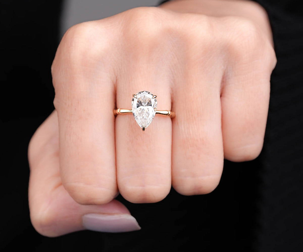 Solitaire Bamboo Twig Hidden Halo Pear Shape Lab Diamond Engagement Ring