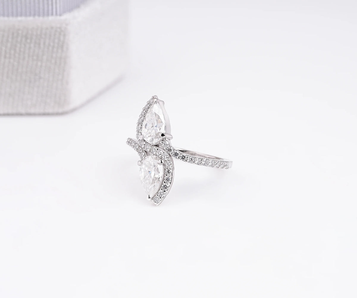 Two Stone Swirl Bypass Pear Shape Lab Diamond Engagement Ring