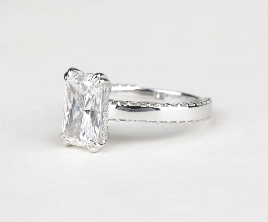 Radiant lab diamond cathedral solitaire engagement ring