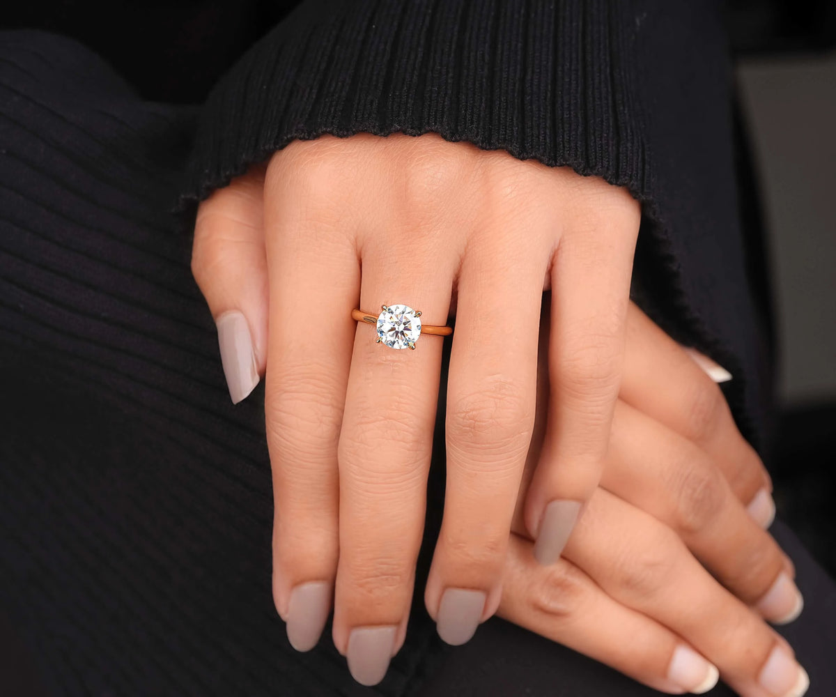 Round lab diamond hidden halo solitaire ring