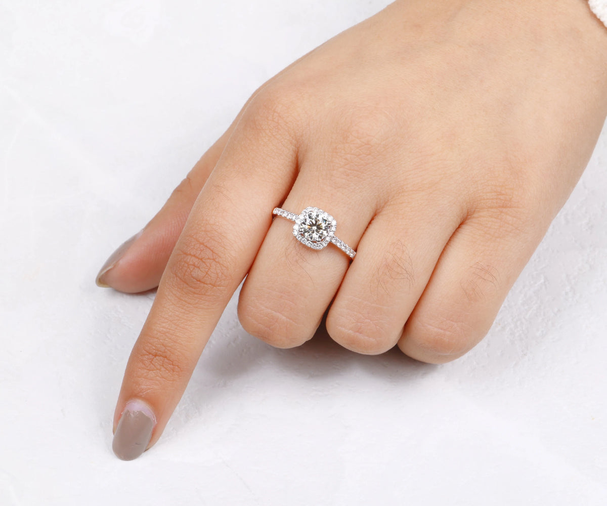 Round lab diamond surround halo engagement ring