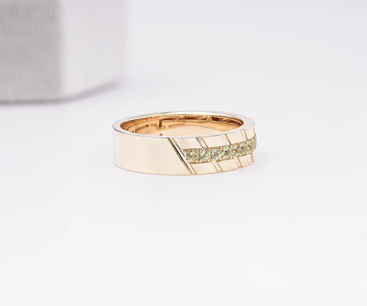 Men’s Diagonal Grooved Wide Round Shape Green Lab Diamond and Moissanite Wedding Band