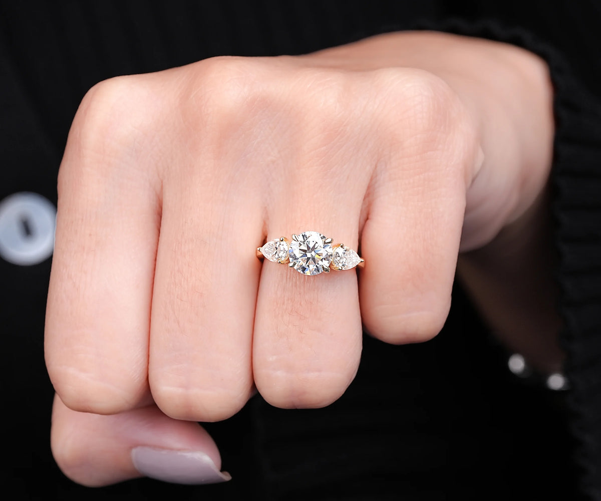 Three Stone Round And Pear Lab Grown Diamond Anniversary Ring