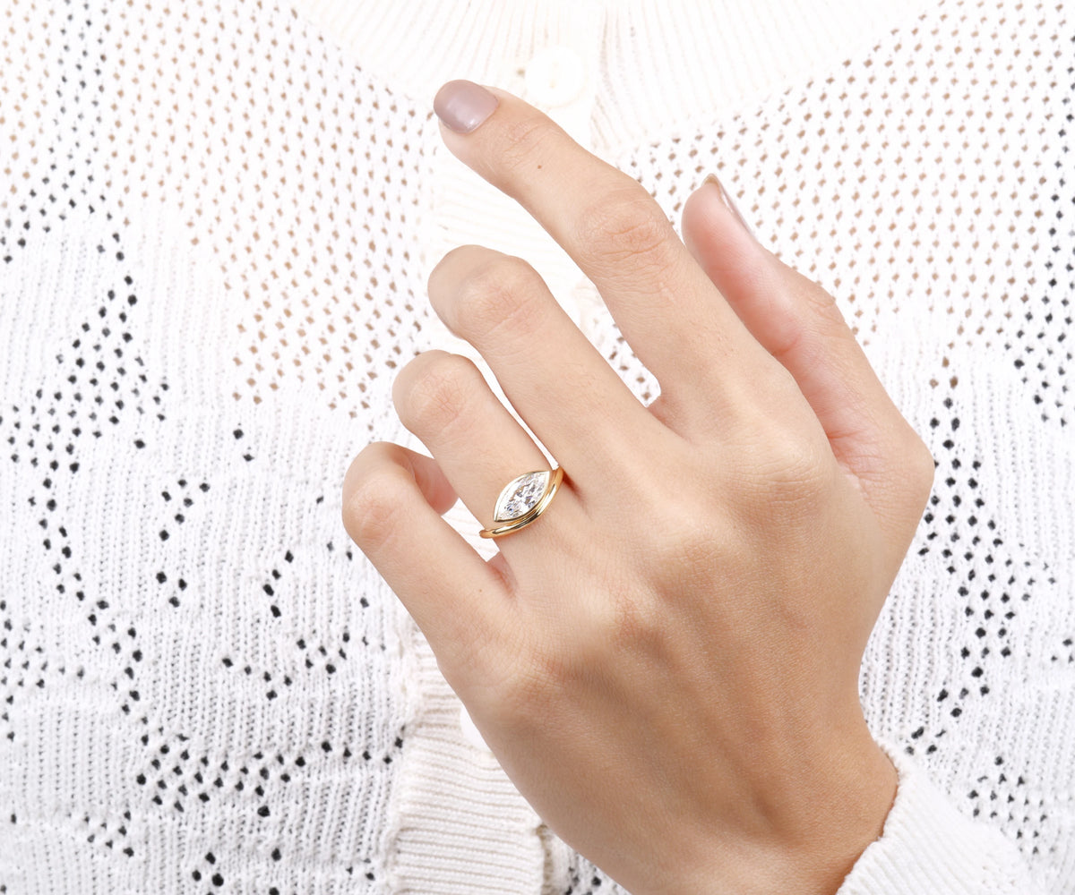 Sideways marquise lab grown diamond bezel ring