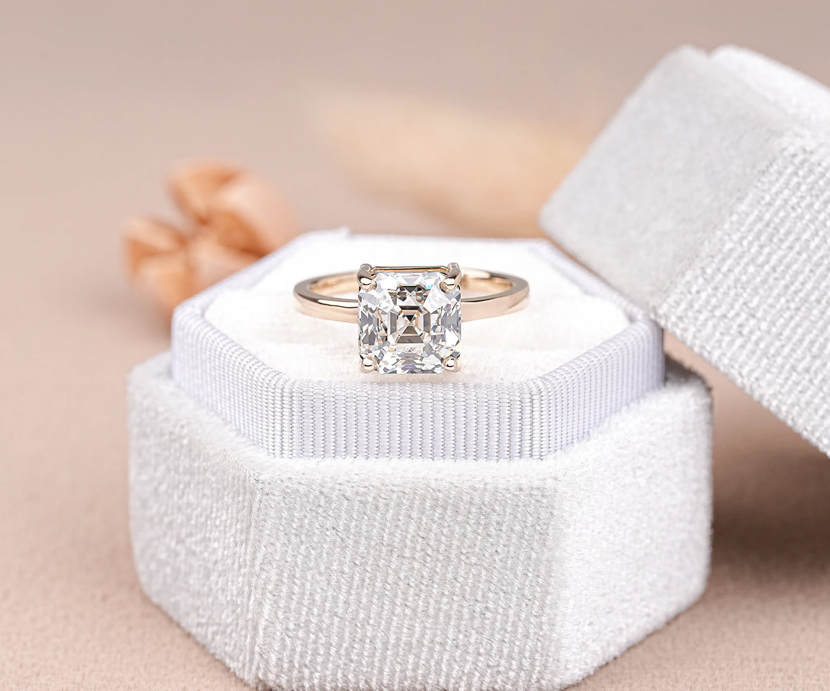 Solitaire Asscher cut lab grown diamond engagement ring