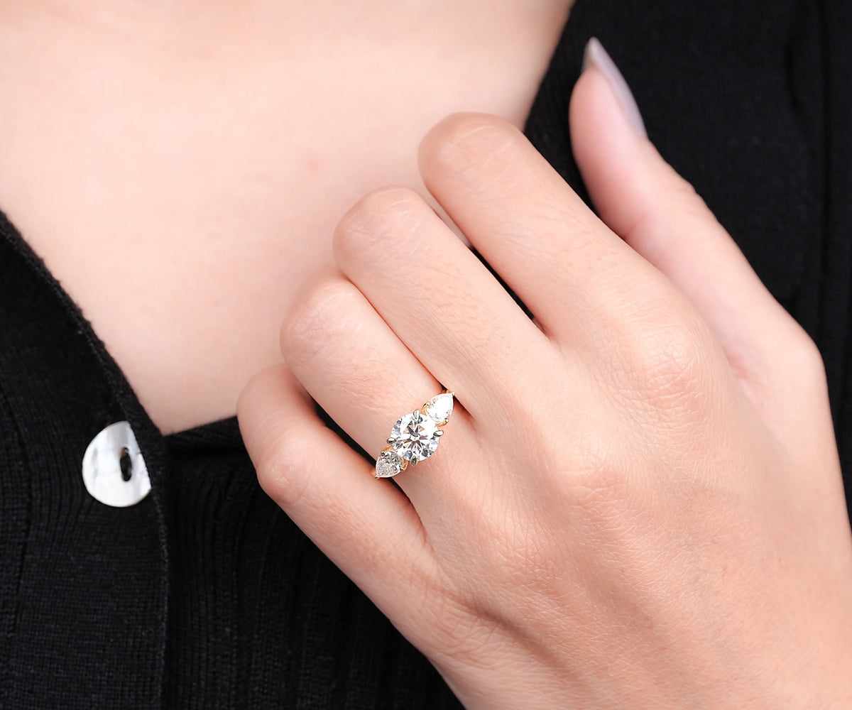 Three Stone Round And Pear Lab Grown Diamond Anniversary Ring