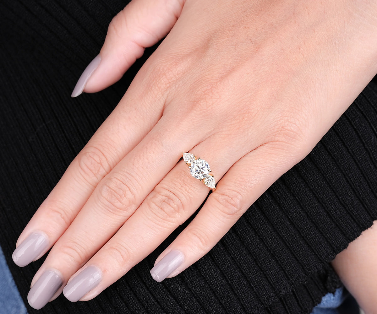 Three Stone Round And Pear Lab Grown Diamond Anniversary Ring