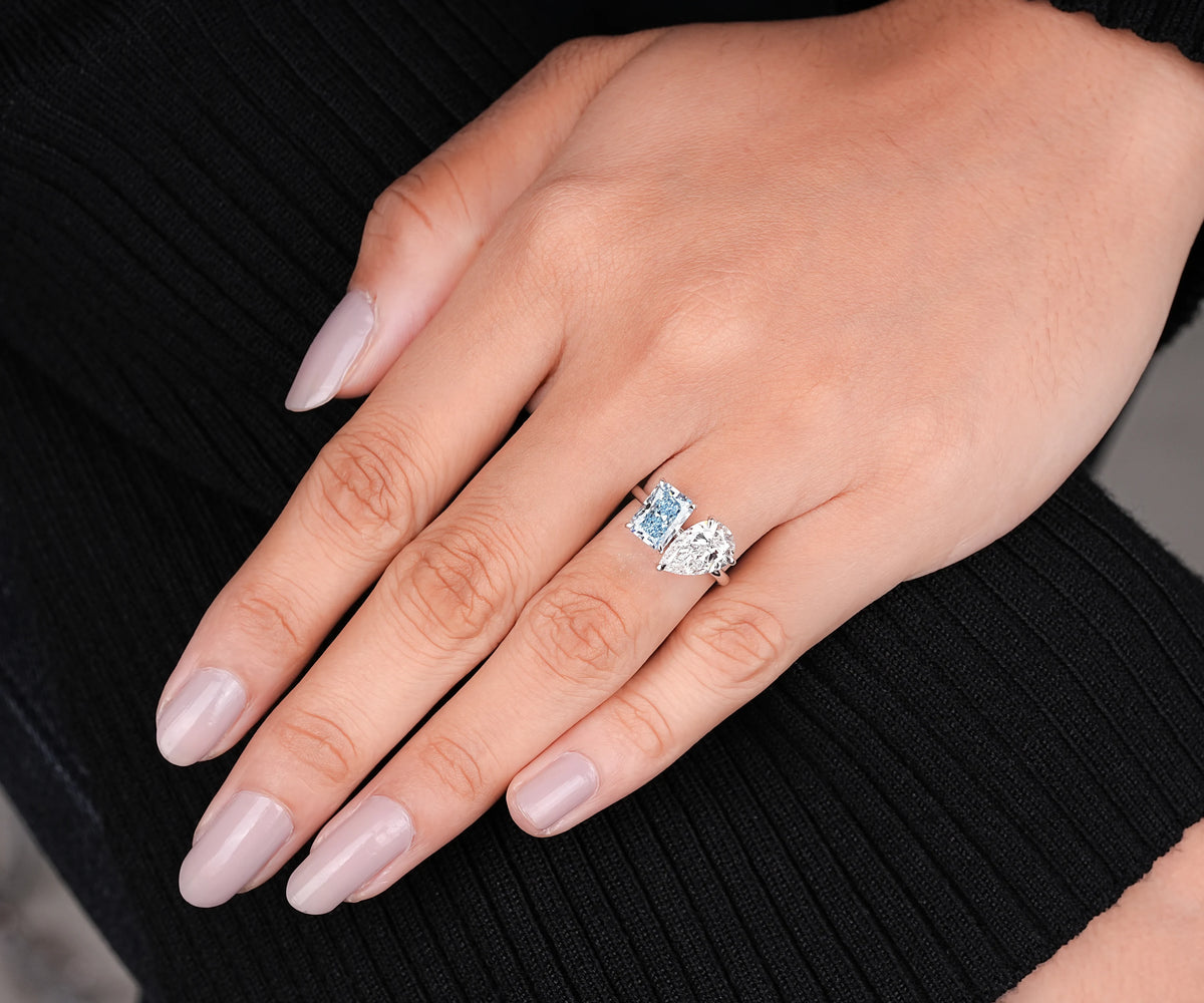 Toi et moi pear and radiant cut lab grown diamond ring