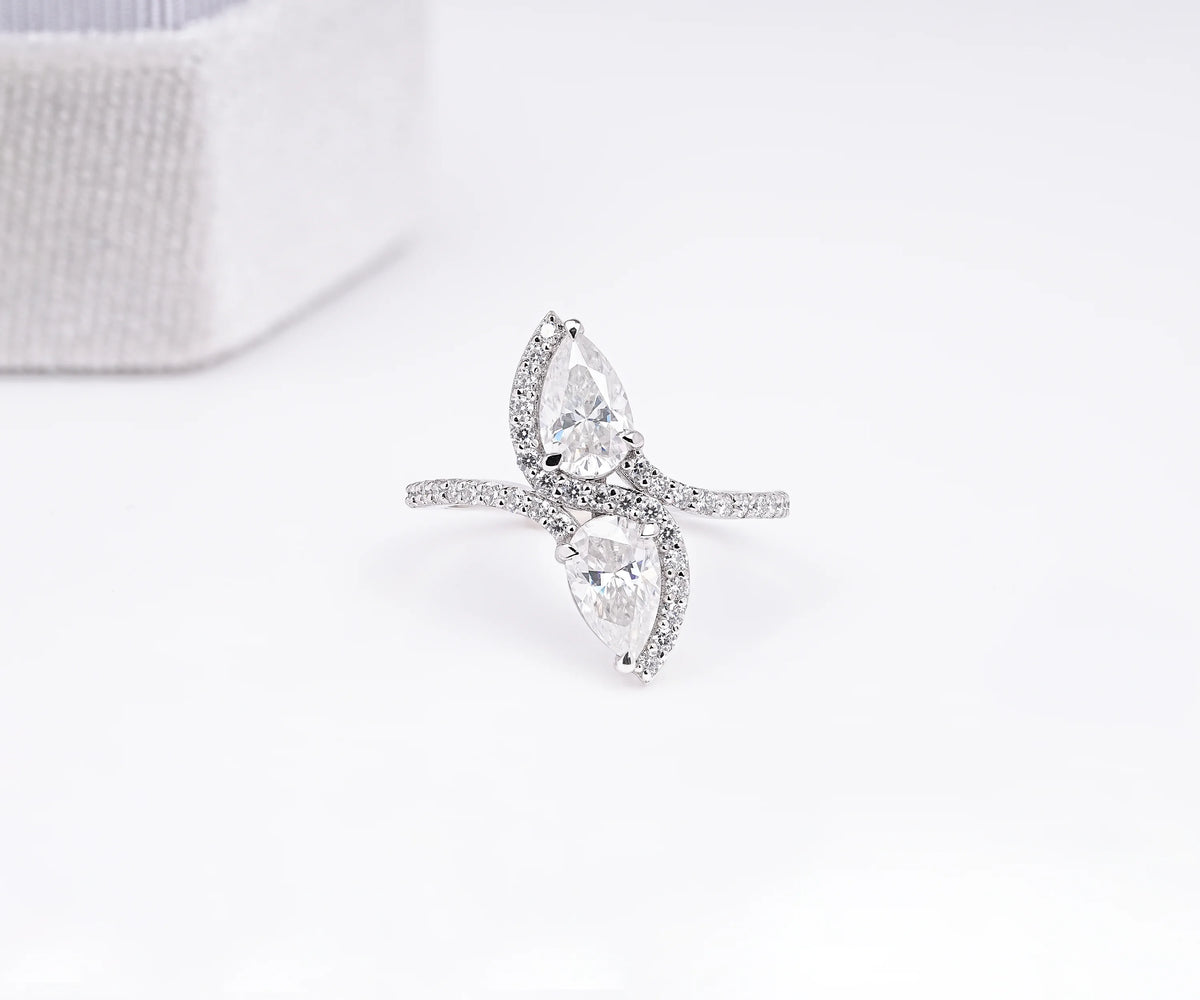 Two Stone Swirl Bypass Pear Shape Lab Diamond Engagement Ring