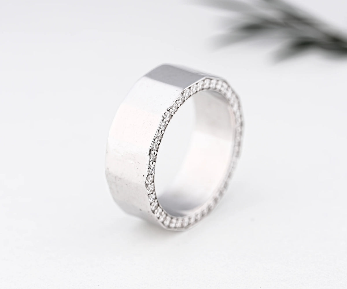 Wide round lab grown diamond cigar wedding ring